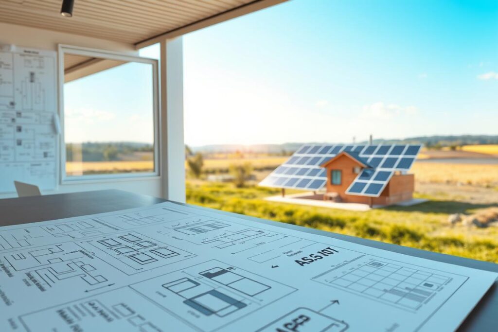 A detailed technical illustration depicting the step-by-step process of designing a photovoltaic system for AI and security needs, independent of public electricity. In the foreground, display a clean, modern workspace with blueprints and diagrams of solar panels and AI integration, illustrating calculations and system layouts. The middle ground shows solar panels installed on a small property, capturing a sunny day ambiance with rays of sunlight illuminating the panels. In the background, incorporate a serene rural landscape, symbolizing the transition to sustainable energy. Use soft natural lighting to enhance the clarity of the diagrams and a slight depth of field to focus on the foreground elements. The atmosphere should be optimistic and innovative, showcasing a practical approach to self-sufficiency.