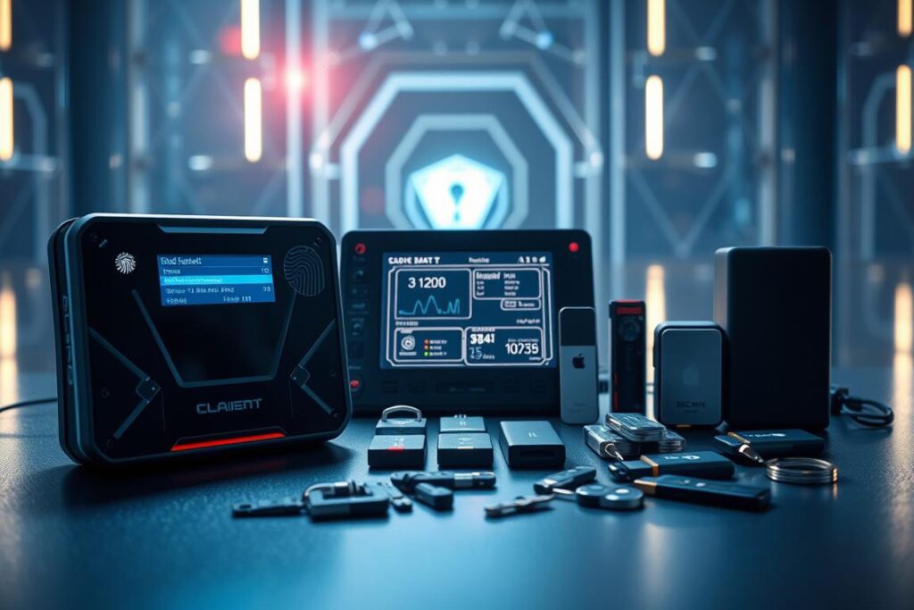 A futuristic cold wallet device sits prominently in the foreground, showcasing sleek design and advanced security features like biometric sensors and encryption indicators. The middle ground features a visually engaging setup, including a digital display showing transaction data and security protocols, surrounded by various high-tech tools such as hardware keys and backup drives, all meticulously organized. In the background, soft glowing lights create a secure, tech-savvy atmosphere, emphasizing a professional environment. The lighting is cool and focused, highlighting the wallet and its accessories while casting gentle shadows. The overall mood conveys a sense of innovation and trust, suggesting advanced protection against financial vulnerabilities. The image should be composed from a slightly elevated angle, providing a dynamic view that enhances the sophistication of the cold wallet setup.