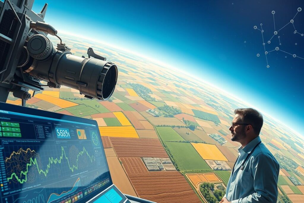 A futuristic scene depicting a satellite orbiting the Earth, with detailed imagery showing agricultural landscapes below. In the foreground, a high-tech control panel displaying data analytics and AI algorithms, while scientists in professional attire observe the screen with focused expressions. In the middle ground, a rich patchwork of fields in vibrant colors—green, yellow, and brown—representing various crops and agricultural practices. The background showcases a clear blue sky, with the Earth’s curvature visible, signifying the connection between technology and global agriculture. Soft sunlight illuminates the scene, creating a hopeful mood, while hints of digital overlays, like graphs and charts, float subtly in the atmosphere, suggesting the integration of AI and satellite data for predicting crop failures.