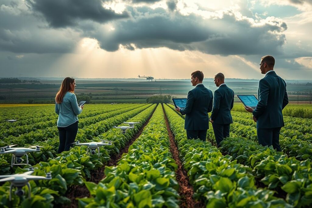 A high-tech futuristic farm landscape during a global conflict, illustrating the concept of using artificial intelligence for profit simulation per hectare. In the foreground, a diverse group of professionals, dressed in business attire, examines digital screens displaying complex data and AI algorithms. The middle ground features rows of crops interspersed with drones and sensors, signifying advanced agricultural technology. In the background, dark clouds loom over a war-torn horizon, adding a dramatic atmosphere, while beams of light break through, symbolizing hope and innovation. Use a soft focus lens to create depth, highlighting the contrast between the serene agricultural environment and the chaotic global context. The overall mood should be tense yet optimistic, capturing the intersection of technology, agriculture, and global crises.