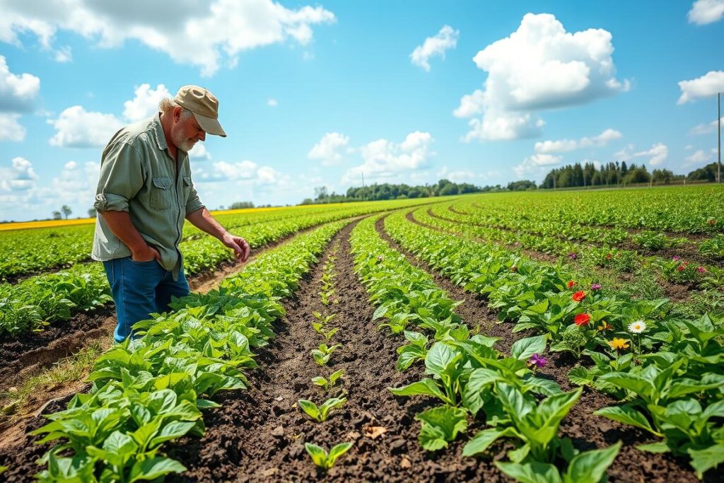 A lush, vibrant agricultural landscape showcasing green cover crops and bio-input solutions that symbolize total system independence. In the foreground, a farmer in modest casual clothing examines a rich, dark soil filled with lush green plants. The middle ground features rows of diverse green plants, including legumes and cover crops, interspersed with colorful flowers for biodiversity. In the background, a bright blue sky with fluffy clouds enhances the feeling of freshness and vitality. Soft, natural lighting illuminates the scene, casting gentle shadows that enhance the textures of the plants. The overall mood is optimistic and thriving, reflecting sustainable agricultural practices and productivity.
