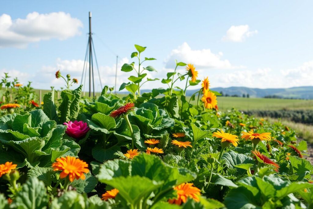 A lush, vibrant garden showcasing ideal plants for electro-culture, featuring diverse leafy greens such as kale, spinach, and Swiss chard in the foreground, with bright flowers like marigolds and sunflowers. In the middle ground, a well-maintained plot with visible electro-culture apparatus, such as grounding rods or conductive wires subtly integrated among the plants. The background includes a clear blue sky with soft, fluffy clouds, and distant rolling hills. Soft, natural daylight filters through, casting gentle shadows creating an inviting and serene atmosphere. The angle is slightly elevated, providing a comprehensive view of the flourishing plants and the innovative techniques used in electro-culture.