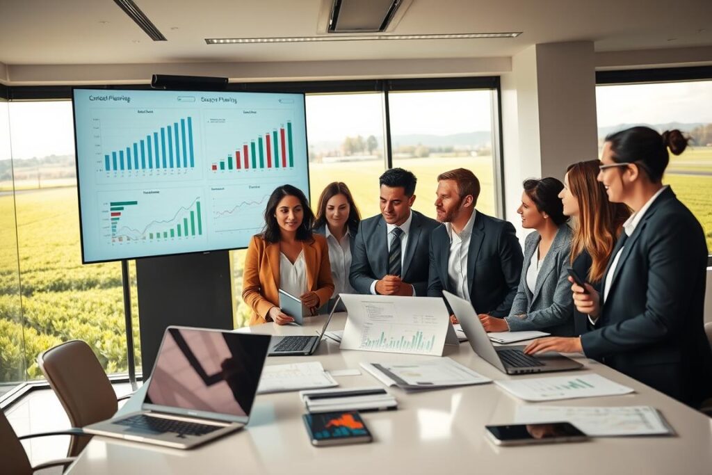A modern office environment, showcasing a diverse team of professionals in business attire engaged in strategic planning. In the foreground, a mixed-gender group examines charts and graphs displayed on a large digital screen, their expressions focused and determined. The middle ground features a sleek conference table covered with financial reports, laptops, and a smartphone with stock market data. The background reveals a panoramic window overlooking lush agricultural fields, symbolizing the agribusiness sector. Soft, natural lighting pours in, creating an optimistic and collaborative atmosphere, while a slight depth of field focuses on the team’s interaction and key financial data. The overall mood is one of strategic foresight and teamwork in overcoming economic challenges.