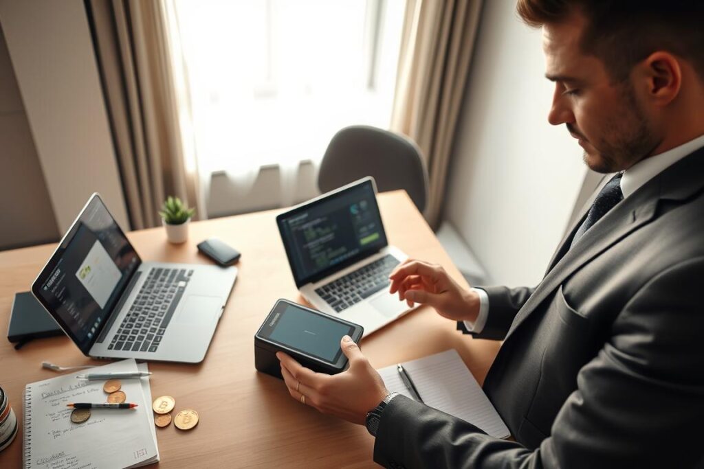 A modern workspace showcasing a cold wallet being used securely. In the foreground, a confident individual in professional business attire is interacting with a sleek, high-tech hardware wallet, focusing on the screen. In the middle, an organized desk with a laptop displaying cryptocurrency information, some physical coins, and a notebook filled with notes about security practices. The background includes a bright window with soft natural light illuminating the space, creating a productive and calm atmosphere. The angle captures the scene from a slight overhead view, emphasizing the technology while keeping the workspace uncluttered and professional. The vibe is serious yet approachable, illustrating the importance of choosing the right hardware for secure cryptocurrency management.
