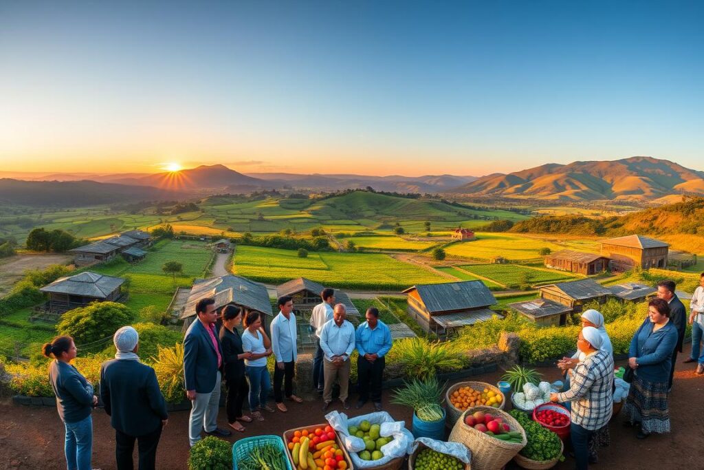 A panoramic view of the lush valleys and rolling hills of Rio Grande do Sul, Brazil, depicting the spirit of collective organization and cooperativism. In the foreground, a diverse group of farmers and local community members, dressed in professional business attire and modest casual clothing, are collaborating and exchanging ideas beside a vibrant marketplace filled with local produce. In the middle ground, traditional wooden buildings and green agricultural fields stretch out, showcasing sustainable farming practices. The background features a picturesque sunset, casting warm golden light over the landscape, creating an atmosphere of hope and resilience. The angle is slightly elevated to capture both the dynamic interaction and the expansive beauty of the region, emphasizing community strength and collaboration.