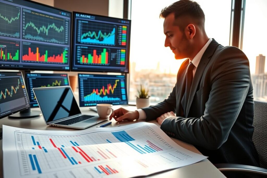 A professional finance planner at a modern office desk, analyzing various financial charts and market insights displayed on multiple digital screens. In the foreground, a detailed, open financial plan spreadsheet with colorful graphs and highlighted data points is clearly visible. The middle ground includes a stylish laptop and a coffee cup, while the background features a large window with an urban office skyline view, bathed in warm afternoon light. The atmosphere is focused and optimistic, suggesting careful planning and strategic thought. Soft, diffused lighting enhances the professional mood, and the planner is dressed in smart business attire. The composition is designed to inspire confidence in financial decision-making and market exploration.