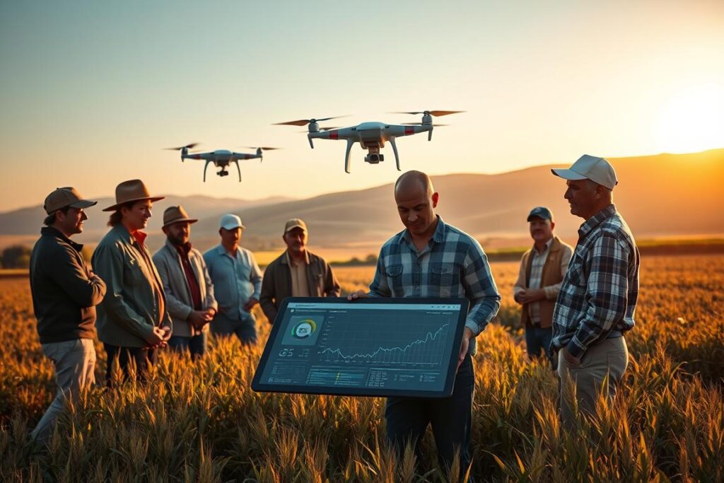 A serene rural landscape at dawn, showcasing a high-tech farming operation integrated with artificial intelligence. In the foreground, a diverse group of farmers in professional attire gathered around a large digital tablet, analyzing data displayed on the screen. The middle ground features advanced drones hovering above vast fields, monitoring crop health and weather patterns. In the background, a soft golden light illuminates rolling hills, symbolizing growth and prosperity. The atmosphere is focused and optimistic, emphasizing the harmony between technology and agriculture. The overall composition conveys the importance of vigilance and strategic planning in safeguarding rural profits amid geopolitical risks, with a clear sky and fresh morning air enhancing the sense of new beginnings.
