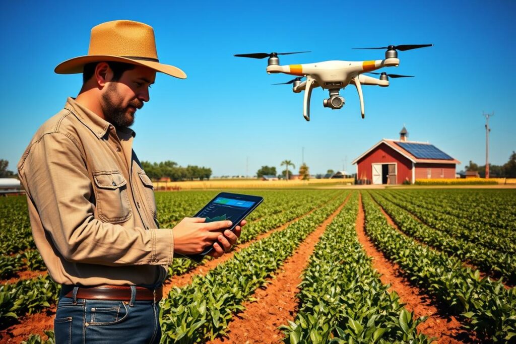 A small, modern farm scene showcasing how artificial intelligence helps reduce fixed costs. In the foreground, a farmer in modest, casual clothing interacts with a tablet displaying AI analytics, analyzing crop data. In the middle ground, a drone hovers over neatly organized rows of crops, while smart irrigation systems are visibly optimizing water usage. The background features a small barn equipped with solar panels, under a bright blue sky, symbolizing efficiency and innovation. The lighting is warm and inviting, suggesting a productive and optimistic atmosphere. The composition captures the balance between tradition and technology, showcasing the benefits of AI in agriculture.
