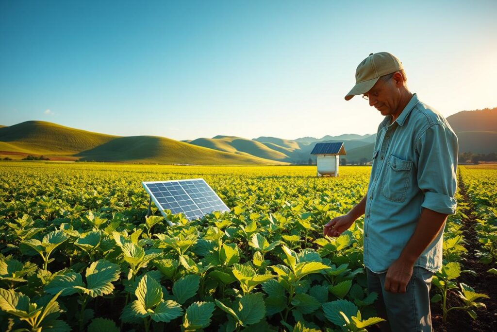 A tranquil agricultural field illustrating the innovative use of bioinputs and off-grid technology in crop production. In the foreground, a farmer in modest casual clothing inspects healthy, vibrant plants, showcasing the benefits of using bioinsumos. The middle ground features a small solar panel array and a rainwater harvesting system reflecting sustainable practices. The background reveals rolling hills under a clear blue sky, symbolizing a thriving ecosystem. The scene is bathed in warm, golden sunlight, creating an inviting atmosphere. Capture the image from a slightly elevated angle to encompass the lush green landscape, conveying a sense of hope and sustainability in farming amidst global challenges.