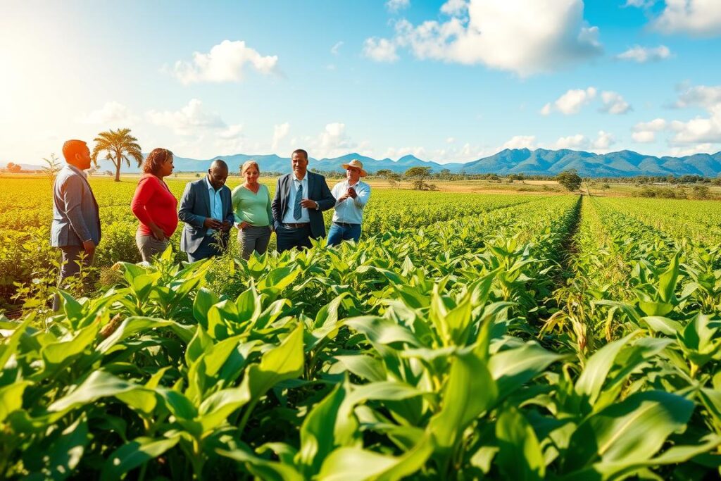 A vibrant Brazilian farm scene in the foreground showcasing successful agricultural practices. In the foreground, a diverse group of farmers in professional business attire are examining healthy crops, surrounded by lush greenery and various plants. The middle ground features thriving rows of crops, such as soybeans and corn, illustrating high productivity with reduced reliance on urea and NPK fertilizers. In the background, a bright blue sky with soft white clouds complements the fresh atmosphere, while distant mountains give depth to the landscape. The sunlight casts a warm glow, enhancing the richness of the colors and emphasizing a sense of hope and success in sustainable farming. Capture this image from a slightly elevated angle to provide a comprehensive view of the farmland.