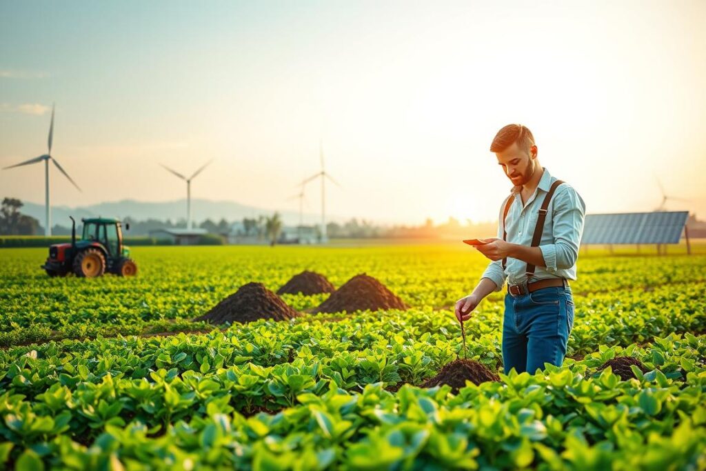 A vibrant agricultural landscape depicting a modern farm setup with lush green fields and versatile crop rotations. In the foreground, a professional farmer in smart casual attire inspects soil samples, showcasing innovation and sustainable practices. The middle ground features advanced farming equipment like a tractor, and soil mounds indicating efficient cultivation techniques. In the background, wind turbines and solar panels hint at energy independence. The scene is bathed in soft, warm lighting suggesting early morning, symbolizing hope and productivity. The atmosphere conveys a sense of balance between technology and nature, illustrating the theme of maximizing agricultural efficiency while reducing dependency on imports.