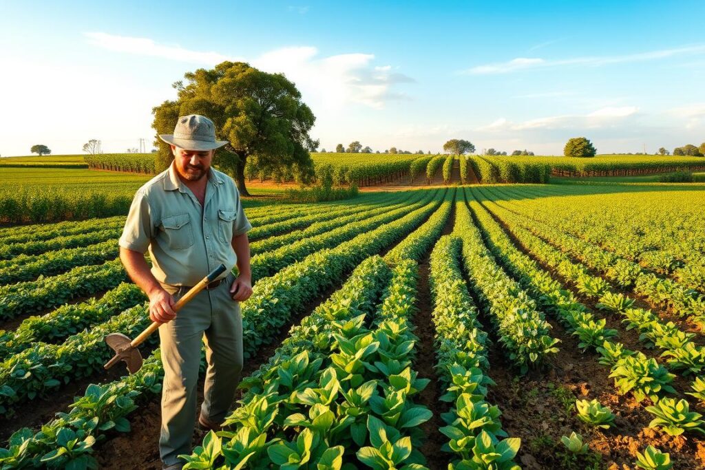 A vibrant agricultural landscape illustrating sustainable soil management techniques. In the foreground, a farmer in modest casual clothing using a hand-held tool to demonstrate cover cropping, surrounded by lush green plants. In the middle ground, rows of diverse crops interspersed with natural vegetation, showcasing companion planting and mulching techniques. The background features a clear blue sky with soft white clouds, highlighting a large, healthy tree symbolizing biodiversity. The scene is warmly lit by golden sunlight, casting gentle shadows across the fields. The atmosphere is serene and productive, encapsulating the harmony between agriculture and nature, promoting high productivity without reliance on chemical fertilizers.