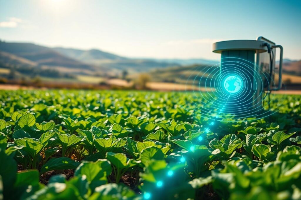 A vibrant agricultural landscape showcasing the relationship between electroculture and the Earth's magnetic field. In the foreground, lush green plants thrive under a clear blue sky, with intricate roots visible as they absorb energy. The middle ground features a sophisticated electroculture device emitting gentle energy ripples towards the plants, with subtle glowing lines representing magnetic fields in soft greens and blues. The background includes rolling hills and a peaceful horizon, bathed in warm, natural sunlight, creating an inviting atmosphere. The image should evoke a sense of harmony between technology and nature, with soft focus depth of field to enhance the vibrant colors and details, shot from a slightly elevated angle for a comprehensive view.