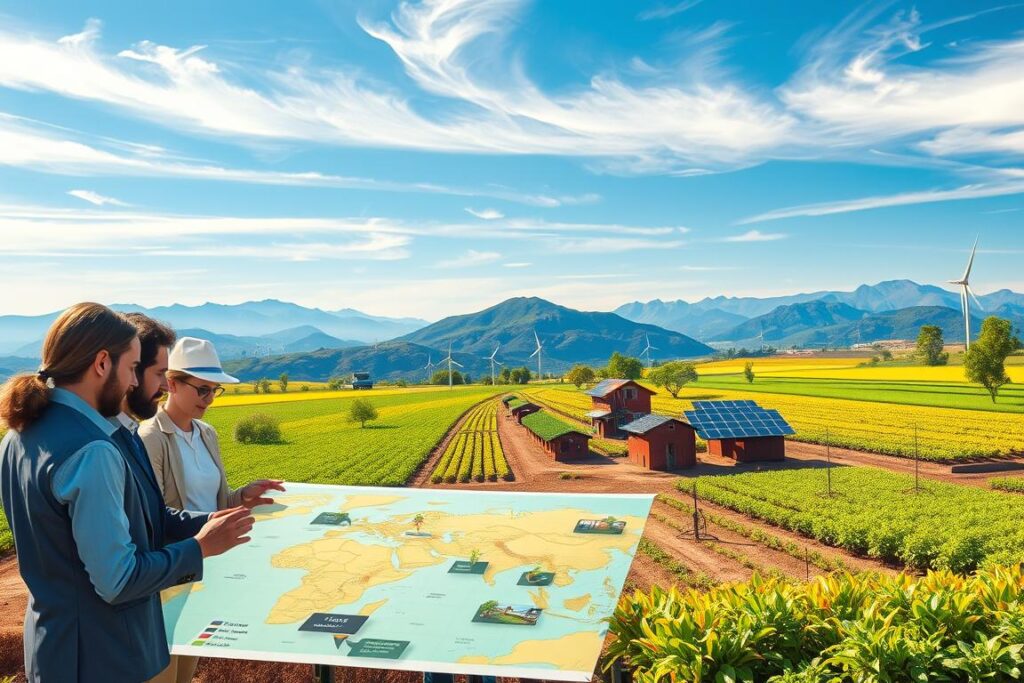A vibrant, detailed illustration of a strategic farm landscape designed to disconnect from global autocracies. In the foreground, a diverse group of farmers, dressed in professional business attire, are focused on a large, digital map showcasing sustainable farming practices and renewable energy sources. In the middle ground, a flourishing farm with solar panels, wind turbines, and vertical gardens symbolizes self-sufficiency. A clear blue sky stretches above, with wispy clouds allowing sunlight to bathe the scene in a hopeful glow. The background features distant mountains, symbolizing stability and resilience. The atmosphere conveys optimism and empowerment, highlighting the transition from geopolitical fear to practical strategies for independence. The composition emphasizes collaboration and innovative solutions in agriculture.