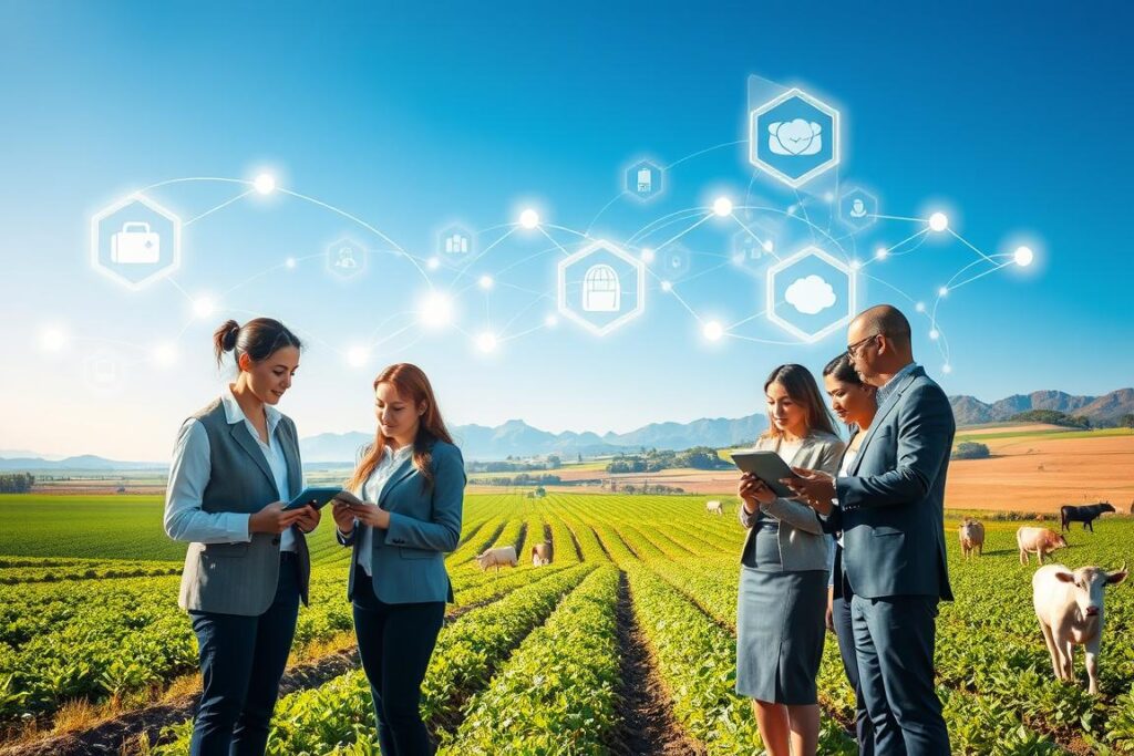 A visually striking illustration of supply chain traceability in agribusiness using blockchain technology. In the foreground, a diverse team of professionals in business attire analyzes digital data on tablets, surrounded by transparent, holographic interfaces displaying product origins and journey. In the middle ground, a vivid agricultural landscape with fields, crops, and livestock, intricately linked with digital nodes symbolizing blockchain connections. The background features a clear blue sky and distant mountains, creating a sense of openness and innovation. Soft, natural lighting enhances the atmosphere, reflecting a modern and tech-savvy agriculture sector. The composition is shot from a slightly elevated angle to provide a comprehensive view of the scene, evoking a sense of advancement and sustainability in agribusiness.