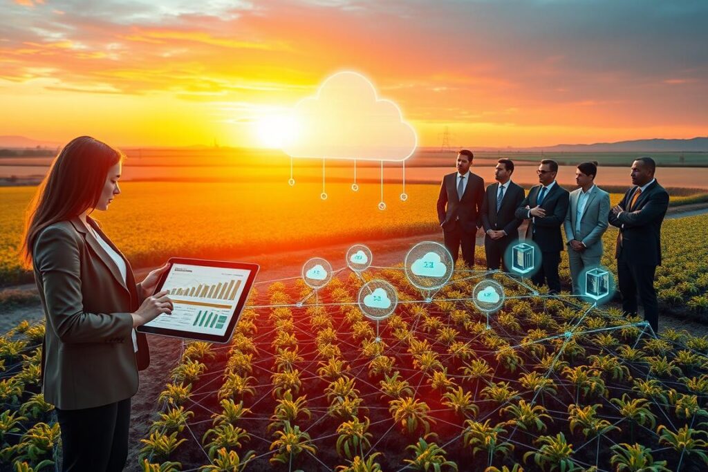 A visually striking scene illustrating the concept of data decentralization and integrity in agribusiness. In the foreground, a group of diverse professionals dressed in smart business attire discuss data analytics on a tablet, displaying graphs and blockchain technologies. In the middle, a futuristic digital farm with crops organized in geometric patterns symbolizing data clusters, with visual representations of cloud servers and nodes interconnected above. The background features a scenic landscape of fields under a vibrant sunset, casting a warm glow over the entire scene, enhancing the themes of innovation and trust. The atmosphere is optimistic and forward-looking, invoking a sense of technological advancement in agriculture. Soft focus on the background to highlight the professionals and the digital elements.