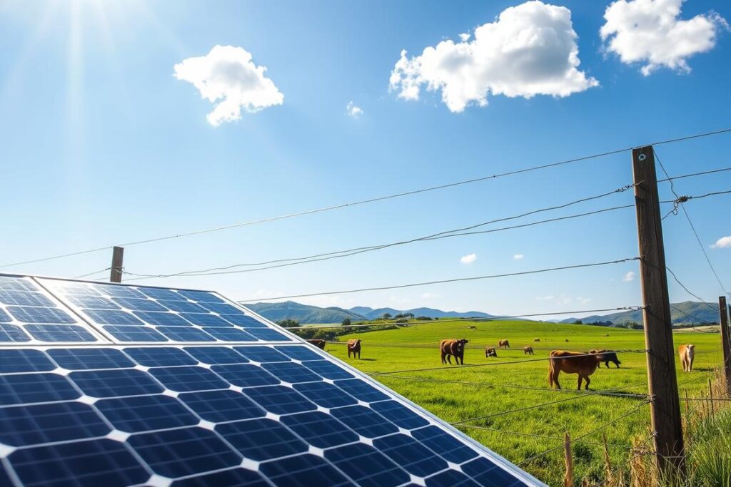 A close-up view of a solar-powered electric fence installed in a rural setting, designed for adaptable mobile enclosures. The foreground features detailed solar panels strategically positioned near the fence line, glinting under bright sunlight. The electric wires of the fence are taut and visibly energized, with subtle energy arcs depicted around them. In the middle ground, lush green pastures with livestock grazing peacefully contrast with the high-tech fencing system. In the background, a clear blue sky with a few fluffy clouds sets a serene atmosphere, while distant hills provide a natural setting. The scene is vibrant and inviting, illustrating an innovative solution for sustainable land management, evoking a mood of progress and ecological harmony.