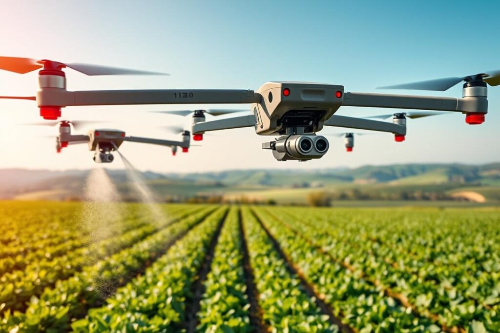 A close-up view of several high-tech drones equipped with advanced sensors and spraying devices, flying low over a lush green agricultural field. In the foreground, a drone hovers above a small area, releasing a fine mist to analyze the soil's health. The middle ground features meticulously organized rows of crops, illustrating precision agriculture. The background shows a panoramic view of rolling hills under a clear blue sky, emphasizing the vast potential of smart farming. The scene is bathed in warm, natural sunlight, creating a vibrant, optimistic atmosphere. The focus should be on the cutting-edge technology in action, highlighting the innovative use of drones as essential tools in modern agriculture, all depicted from a slightly elevated angle to capture the dynamic interaction between the drones and the crops. A close-up view of several high-tech drones equipped with advanced sensors and spraying devices, flying low over a lush green agricultural field. In the foreground, a drone hovers above a small area, releasing a fine mist to analyze the soil's health. The middle ground features meticulously organized rows of crops, illustrating precision agriculture. The background shows a panoramic view of rolling hills under a clear blue sky, emphasizing the vast potential of smart farming. The scene is bathed in warm, natural sunlight, creating a vibrant, optimistic atmosphere. The focus should be on the cutting-edge technology in action, highlighting the innovative use of drones as essential tools in modern agriculture, all depicted from a slightly elevated angle to capture the dynamic interaction between the drones and the crops.