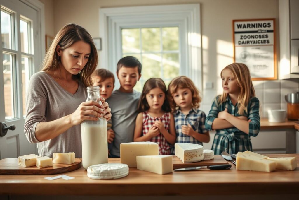 A concerned family gathered in a cozy, well-lit kitchen, examining a variety of dairy products, including raw milk and fresh cheese. The foreground features a worried mother holding a bottle of raw milk while her children observe curiously, dressed in modest casual clothing. On the kitchen counter are fresh cheese blocks and a cutting board with utensils, emphasizing the importance of food safety. The middle ground shows a bright window with natural sunlight streaming in, casting soft shadows, creating a warm and inviting atmosphere. The background includes a bulletin board with health warnings about zoonoses, subtly hinting at the topic without being overt. The overall mood should evoke concern mixed with the desire for family well-being, highlighting the risks associated with consuming unpasteurized dairy products.