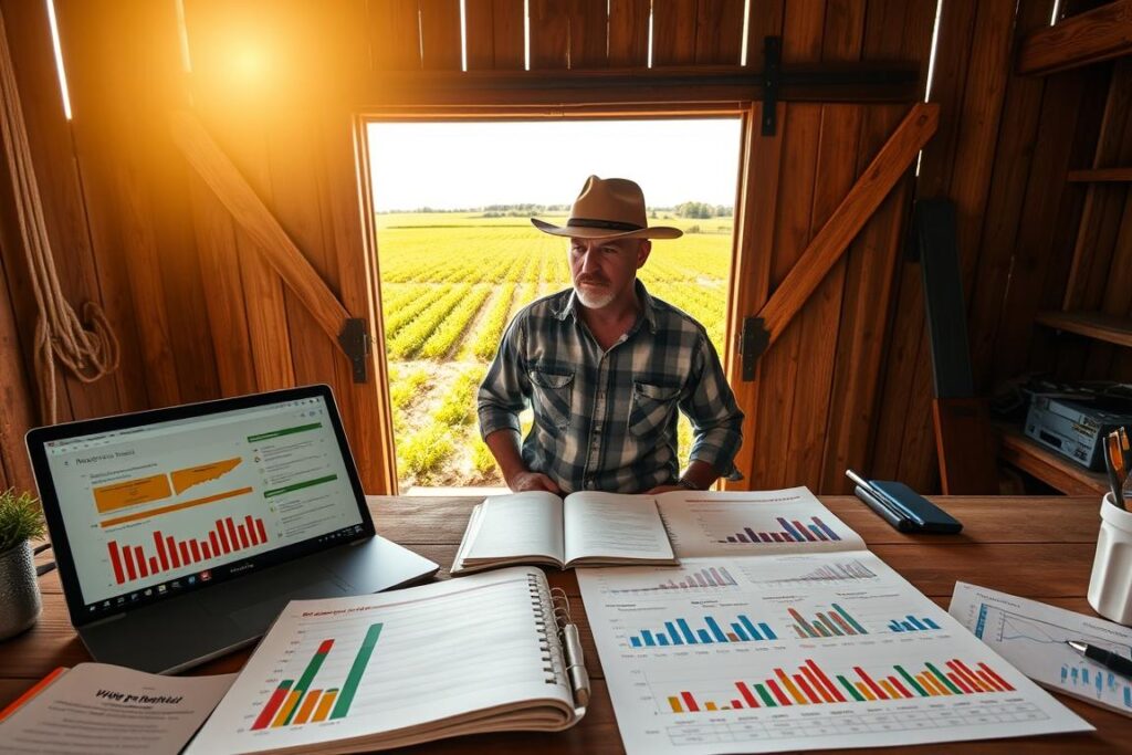A detailed farmer's desk is set in a rustic wooden barn, showcasing various financial planning tools and seasonal charts. In the foreground, an open notebook filled with well-organized notes and colorful graphs detailing crop yields and expenses stands beside a laptop displaying financial software. The middle ground features a farmer, dressed in modest casual clothing, thoughtfully analyzing the documents. Behind him, a large barn door opens to reveal a beautiful countryside landscape with fields of crops ready for harvest, under a bright, warm sunlight that symbolizes growth and opportunity. The atmosphere is one of determination and hope, encouraging small producers to embrace financial planning for seasonal success. The camera angle is slightly elevated, capturing both the desk and the expansive fields outside. A detailed farmer's desk is set in a rustic wooden barn, showcasing various financial planning tools and seasonal charts. In the foreground, an open notebook filled with well-organized notes and colorful graphs detailing crop yields and expenses stands beside a laptop displaying financial software. The middle ground features a farmer, dressed in modest casual clothing, thoughtfully analyzing the documents. Behind him, a large barn door opens to reveal a beautiful countryside landscape with fields of crops ready for harvest, under a bright, warm sunlight that symbolizes growth and opportunity. The atmosphere is one of determination and hope, encouraging small producers to embrace financial planning for seasonal success. The camera angle is slightly elevated, capturing both the desk and the expansive fields outside.