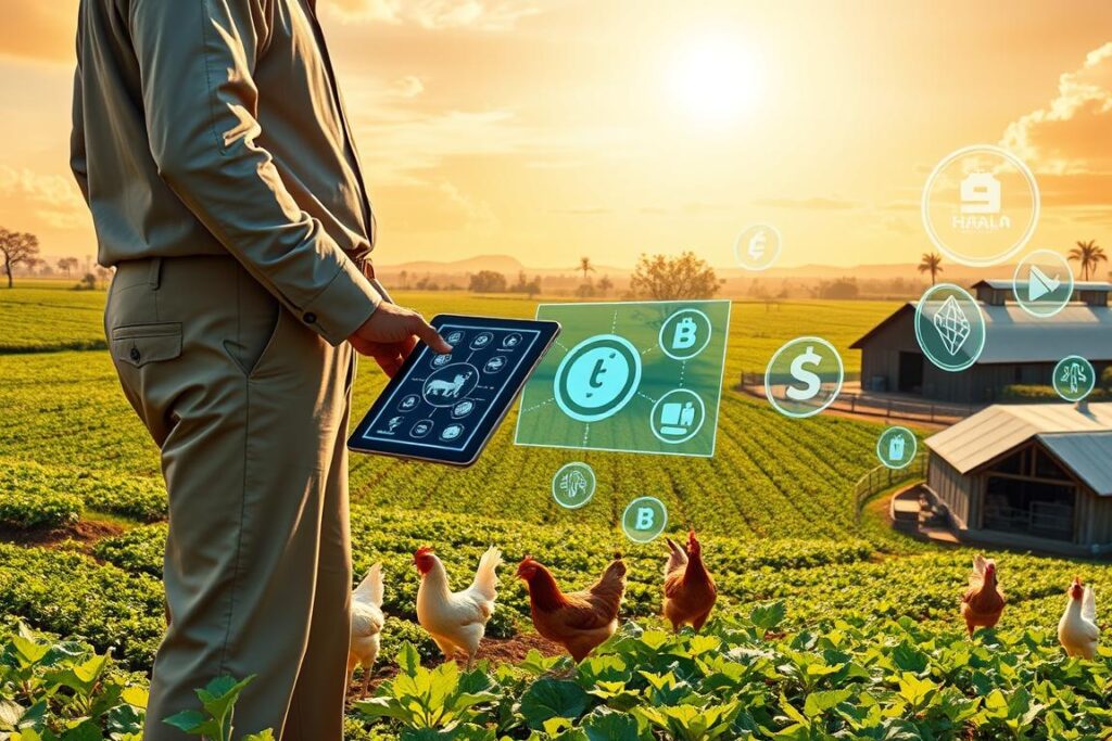 A digital illustration depicting the concept of blockchain and smart contracts in agriculture. Foreground: A farmer in professional attire, engaged in a discussion with a business partner while examining a digital tablet displaying a blockchain interface with icons representing livestock, dairy, cassava, and vegetables. Middle ground: A farm landscape showing a variety of crops, chickens pecking on the ground, and a dairy barn; all interspersed with floating holographic images of cryptocurrency symbols and smart contract visuals. Background: A bright, sunny sky over a flourishing 3-hectare farmland, conveying a sense of innovation and productivity. Warm, natural lighting enhances the scene, and the angle is slightly elevated to capture the interaction and the farm’s ecosystem effectively. The overall mood is optimistic and forward-thinking, highlighting the integration of technology in sustainable farming.