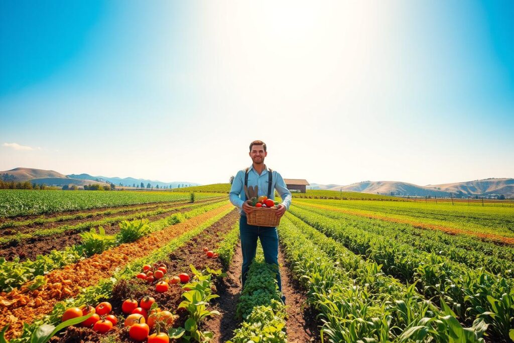 A lush, thriving hectare of farmland under brilliant sunlight, illustrating a self-sufficient agricultural model. In the foreground, a diverse array of crops, including vegetables and grains, are meticulously arranged in neat rows, symbolizing food sovereignty. A farmer in professional attire, smiling and holding a basket of freshly harvested produce, stands confidently among the crops, showcasing their hard work. In the middle ground, a rustic wooden shed with tools and equipment reflects sustainable farming practices. The background features rolling hills and a clear blue sky, emphasizing the beauty of nature and resilience against traditional financial systems. The overall atmosphere is vibrant and hopeful, capturing the essence of financial freedom through sustainable agriculture. Natural lighting enhances the vivid colors of the crops while casting soft shadows for depth. A lush, thriving hectare of farmland under brilliant sunlight, illustrating a self-sufficient agricultural model. In the foreground, a diverse array of crops, including vegetables and grains, are meticulously arranged in neat rows, symbolizing food sovereignty. A farmer in professional attire, smiling and holding a basket of freshly harvested produce, stands confidently among the crops, showcasing their hard work. In the middle ground, a rustic wooden shed with tools and equipment reflects sustainable farming practices. The background features rolling hills and a clear blue sky, emphasizing the beauty of nature and resilience against traditional financial systems. The overall atmosphere is vibrant and hopeful, capturing the essence of financial freedom through sustainable agriculture. Natural lighting enhances the vivid colors of the crops while casting soft shadows for depth.