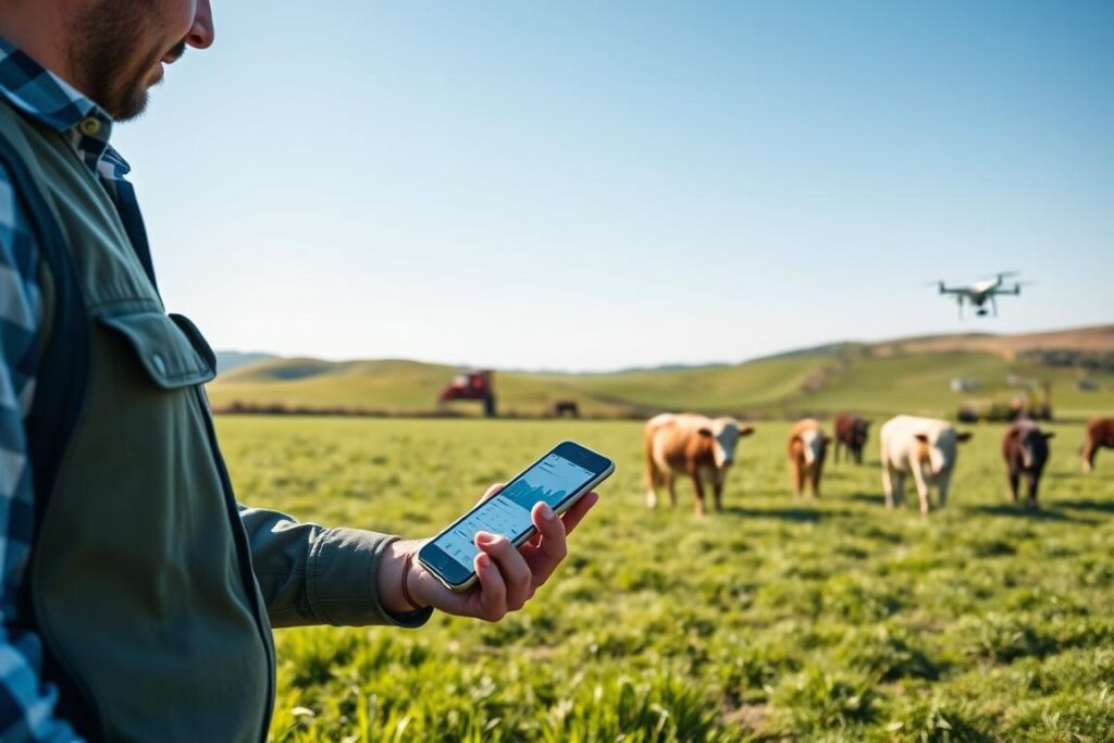 A modern agricultural scene depicting smart management in livestock farming, featuring a farmer using a mobile app to monitor and control data. In the foreground, the farmer, dressed in professional casual clothing, interacts with a smartphone displaying graphs and data. The middle ground shows a lush green pasture with healthy cattle grazing, while nearby, farm equipment integrates technology, such as sensors and drones. In the background, a clear blue sky complements rolling hills, emphasizing a productive farm atmosphere. The lighting is bright and natural, conveying a sense of innovation and positivity. Capture the essence of modern technology enhancing traditional farming practices, creating a harmonious blend of nature and innovation.