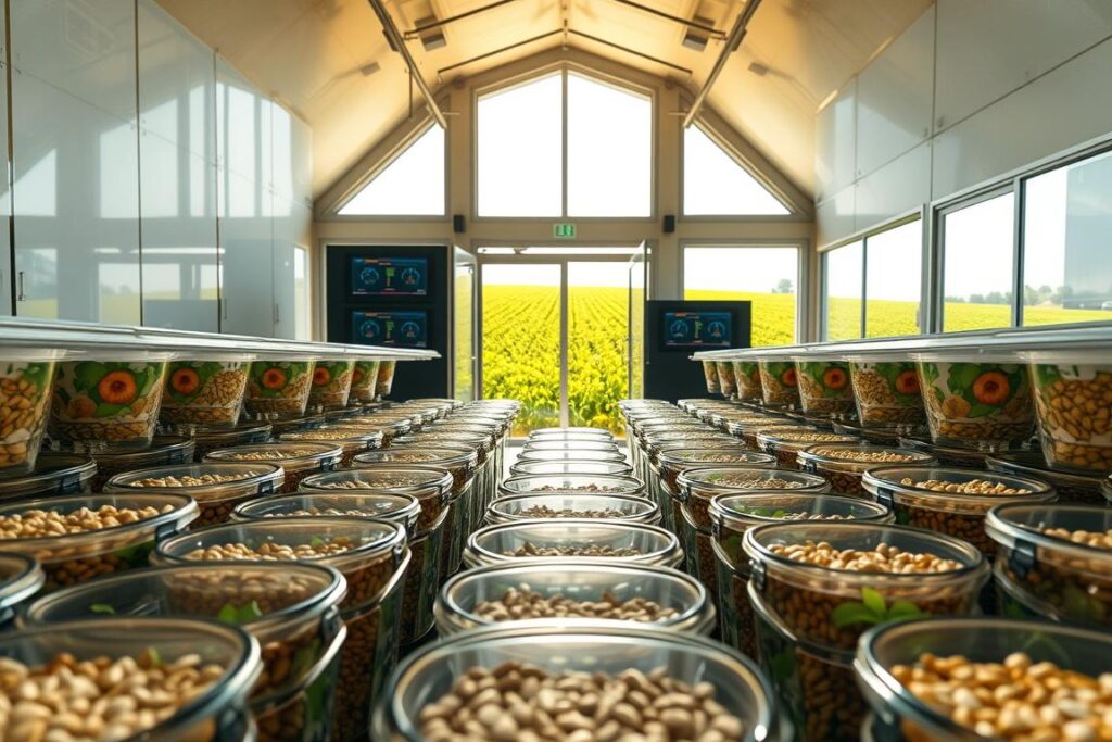 A modern agricultural storage facility showcasing advanced seed conservation technologies. In the foreground, intricately designed seed storage containers made of transparent materials, allowing visualization of diverse heirloom seeds, are neatly arranged. The middle ground features a state-of-the-art climate control system with digital displays monitoring temperature and humidity levels. In the background, large windows reveal a lush green field under bright sunlight, symbolizing bountiful harvests. Soft natural lighting filters through the space, creating a warm and inviting atmosphere that emphasizes sustainability. The angle captures both the interior's technological sophistication and the thriving agricultural landscape outside, reflecting the seamless integration of innovation in farming practices.