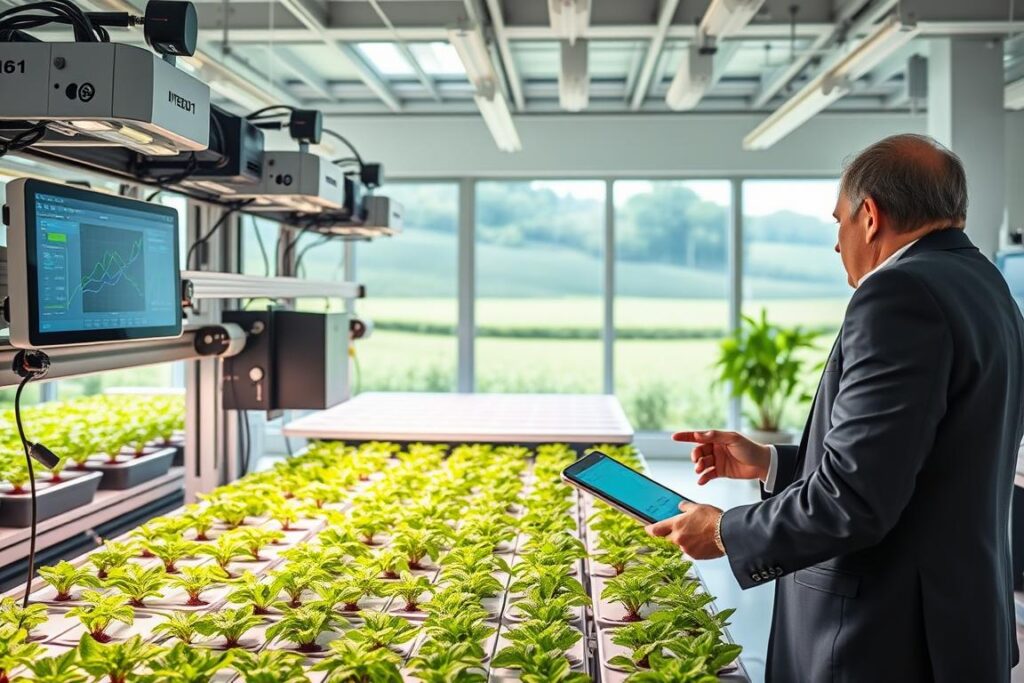 A modern micro-farming lab showcasing advanced technology and automation for cultivating emerging crops. In the foreground, a brightly lit workspace with sleek, high-tech equipment, including automated planting systems and sensors. A professional in business attire operates a touchscreen interface, monitoring real-time data. The middle layer presents rows of vibrant, healthy plants under specialized grow lights, highlighting the integration of innovative hydroponic systems. In the background, large windows let in natural light, with a view of a lush green landscape, symbolizing sustainability. The scene conveys a sense of innovation, productivity, and efficiency, with a clean, organized atmosphere that inspires creativity and growth. Capture this environment with a wide-angle lens to emphasize depth and detail, using bright, natural lighting to enhance colors and vibrancy.