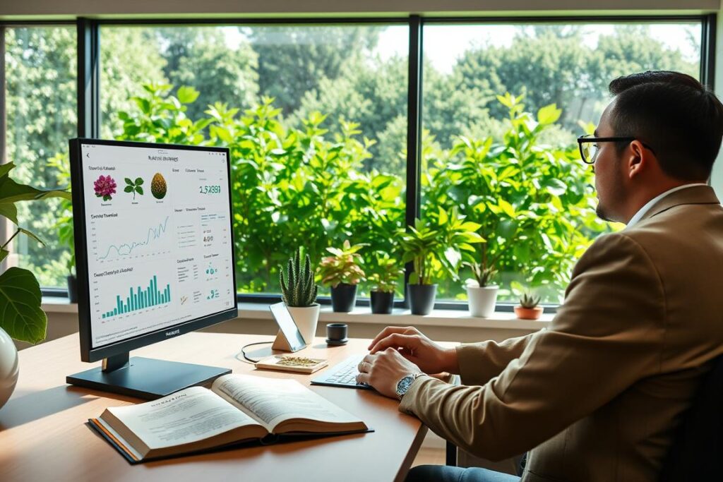 A modern workspace showcasing a focused professional examining digital data on a sleek computer screen, surrounded by botanical images of rare herbs. In the foreground, a mid-30s person in professional attire intently analyzes charts and graphs, highlighting demand trends for medicinal plants. The middle ground features vibrant, labeled images of the rare herbs displayed elegantly on the desk, alongside open botany books. In the background, a large window reveals a lush green garden filled with thriving medicinal herbs under a bright, natural light, creating an optimistic atmosphere. The scene captures a sense of innovation and discovery in the realm of artificial intelligence and herbal demand, depicted through a balanced, clean composition with soft shadows and a warm color palette.