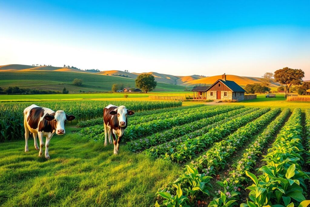 A peaceful rural landscape depicting financial sovereignty through sustainable farming practices on a 2-hectare property. In the foreground, three content dairy cows graze on lush green grass, symbolizing a bountiful source of milk. In the middle ground, diverse crops like corn, beans, and vegetables grow in neat, organized rows, showcasing the concept of multicropping. A traditional farmhouse, modest yet well-maintained, is visible nearby, surrounded by trees. The background features rolling hills under a clear blue sky, with soft, warm sunlight illuminating the scene, creating a serene and optimistic atmosphere. The image captures the essence of family heritage and responsible agriculture, inviting viewers into a world of sustainable prosperity.