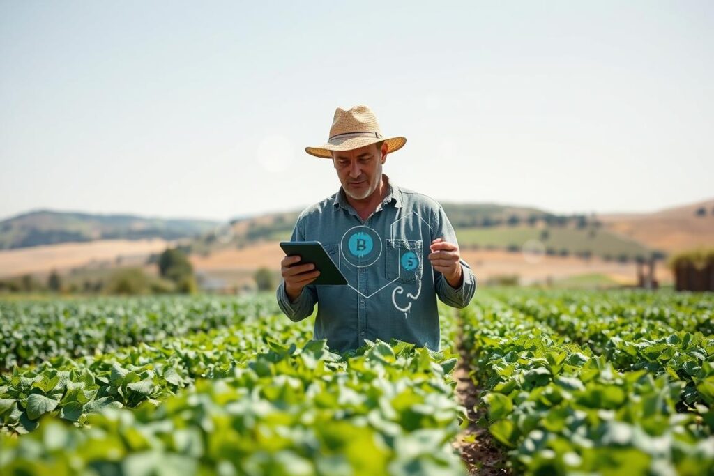A rural setting featuring a small-scale farmer, dressed in modest casual clothing, engaged in a digital transaction using a tablet device. In the foreground, prominently display rows of fresh crops, symbolizing the harvest. The middle ground should depict a modern, blockchain-inspired digital interface with cryptocurrency symbols floating around, indicating direct sales. In the background, show a picturesque countryside with rolling hills and a bright blue sky, creating an optimistic atmosphere. Utilize soft, natural lighting to enhance the sense of a sunny day and a hopeful mood. Focus the camera on the farmer’s expression of determination and confidence as they embrace technology to escape traditional banking dependencies.