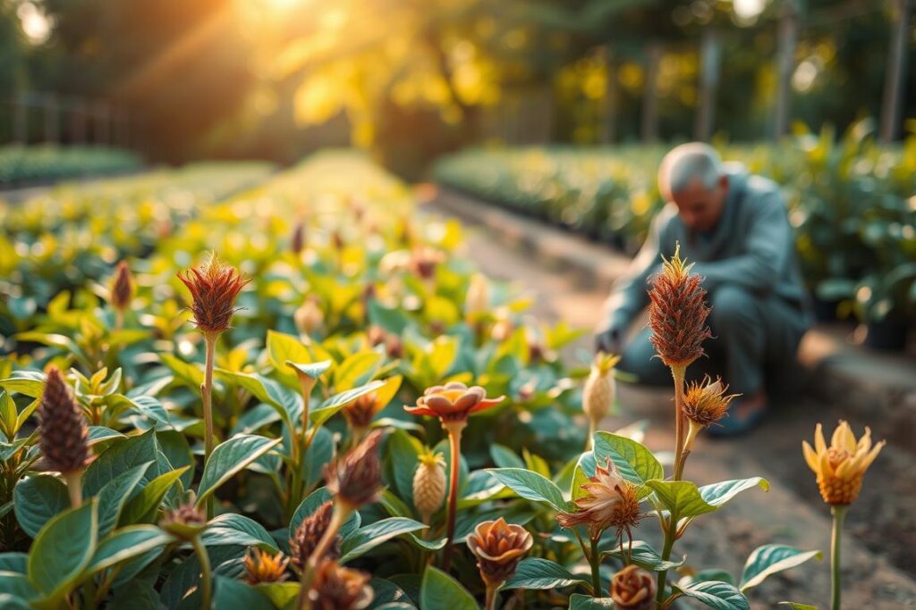 A serene botanical garden featuring rare medicinal plants in various stages of growth. In the foreground, a diverse array of vibrant, exotic plants with unique leaves and flowers, showcasing their distinct textures and colors. In the middle ground, a knowledgeable farmer in professional attire kneels, carefully tending to the plants, using gardening tools. The background includes softly blurred rows of more plants, surrounded by lush greenery, under warm, golden sunlight filtering through the leaves, creating a peaceful and inviting atmosphere. A subtle depth of field enhances focus on the plants, while the overall composition conveys a sense of professionalism and diligence in cultivating rare species.