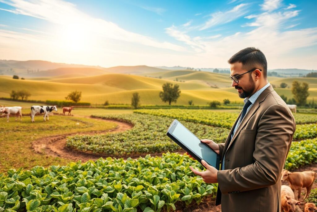 A serene farm landscape illustrating innovative technology in agriculture, featuring a small property divided into sections for dairy cows, chickens, cassava, and vegetables. In the foreground, a professional farmer in business attire monitors data on a tablet, symbolizing the use of artificial intelligence for financial management. The middle ground shows healthy crops and animals thriving, indicating effective management of costs and profits. The background reveals rolling hills under a clear blue sky with soft, warm sunlight filtering through, creating an optimistic and productive atmosphere. The image should capture the harmony between technology and sustainable farming practices, with a focus on modern, digital solutions in an agricultural setting.