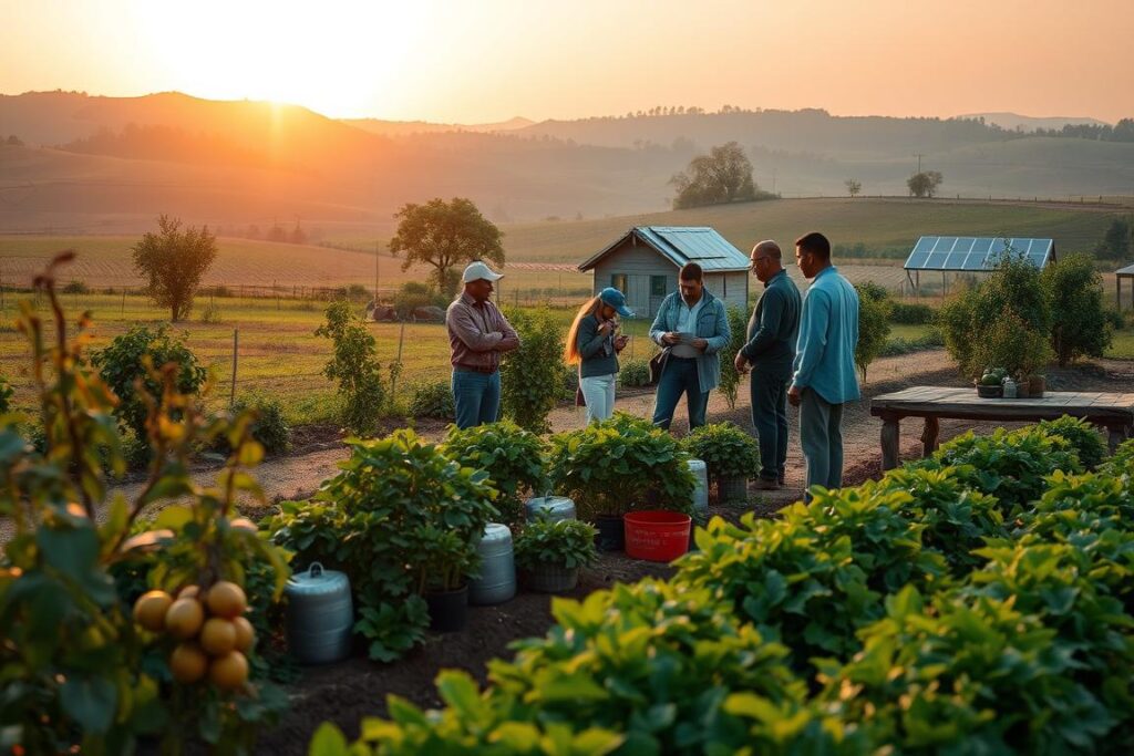 Uma paisagem rural serena ao amanhecer, exibindo uma pequena e próspera fazenda que personifica a escalabilidade sem grandes dívidas. No primeiro plano, uma horta bem cuidada e árvores frutíferas com frutos maduros simbolizam crescimento e sustentabilidade. Os agricultores, um grupo diversificado vestido com roupas modestas e profissionais, colaboraram em um novo projeto, discutindo planos em uma mesa rústica de madeira. Em segundo plano, uma pequena casa de fazenda com painéis solares indica práticas modernas e ecológicas. Ao fundo, colinas onduladas e campos verdesjantes sob um nascer do sol dourado e quente, lançando uma luz suave que ilumina a cena. Uma sensação de otimismo e tranquilidade permeia a atmosfera, destacando o potencial do empreendedorismo rural.