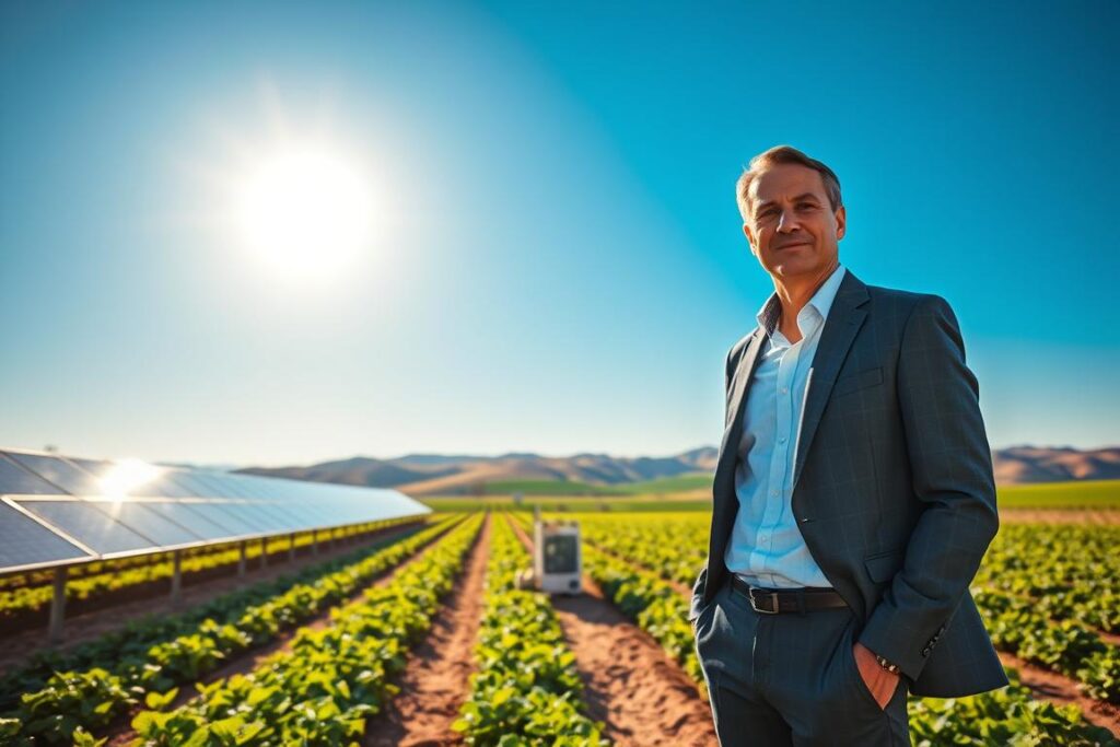 A serene rural landscape, featuring a modern solar farm glistening under bright sunlight, with rows of solar panels reflecting the vibrant blue sky. In the foreground, a well-dressed business professional, wearing a smart-casual outfit, stands next to a small, sophisticated farming setup, showcasing advanced agricultural technology, such as sensors and automation tools. In the middle ground, a lush, productive hectare of crops is visible, indicating successful farming practices. The background features distant rolling hills and a clear horizon, creating an idyllic countryside atmosphere. The lighting is warm and inviting, suggesting a bright future, while the overall mood conveys innovation and sustainability, ideal for early retirement planning. Focus on clear details, sharp imagery, and a sense of tranquility and opportunity. A serene rural landscape, featuring a modern solar farm glistening under bright sunlight, with rows of solar panels reflecting the vibrant blue sky. In the foreground, a well-dressed business professional, wearing a smart-casual outfit, stands next to a small, sophisticated farming setup, showcasing advanced agricultural technology, such as sensors and automation tools. In the middle ground, a lush, productive hectare of crops is visible, indicating successful farming practices. The background features distant rolling hills and a clear horizon, creating an idyllic countryside atmosphere. The lighting is warm and inviting, suggesting a bright future, while the overall mood conveys innovation and sustainability, ideal for early retirement planning. Focus on clear details, sharp imagery, and a sense of tranquility and opportunity.