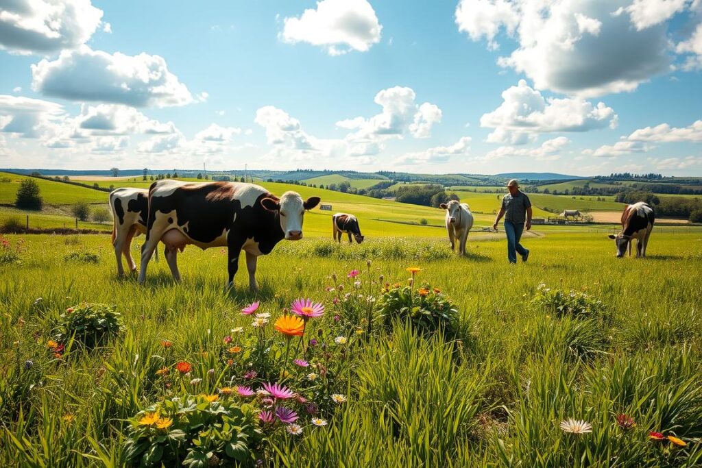 A serene rural landscape showcasing a small farm with three healthy dairy cows in a lush green pasture. In the foreground, the cows graze contentedly, while vibrant wildflowers bloom among the grass. The middle ground features a diverse range of plants and cover crops, symbolizing healthy soil biology, along with a farmer in modest work attire tending to the land and checking on the cows. The background captures rolling hills under a bright blue sky with fluffy white clouds, conveying a sense of harmony with nature. Golden sunlight bathes the scene, creating warm, inviting tones that emphasize productivity and sustainable farming practices. The overall atmosphere is tranquil yet industrious, representing the essence of effective pasture management.