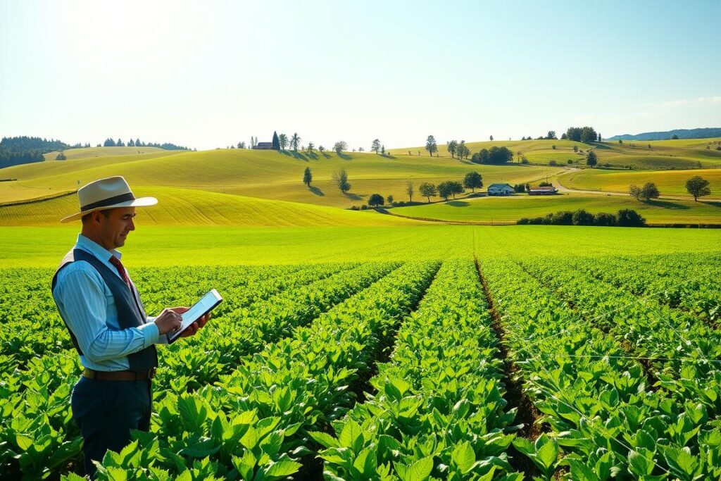 A serene rural landscape with lush green fields under a bright sunny sky. In the foreground, a farmer in professional attire is using a tablet to analyze data, demonstrating the integration of AI technology in agriculture. In the midground, a large, vibrant crop field shows healthy plants, symbolizing natural pest prediction through AI. To the right, a modern blockchain network visual, represented by interconnected nodes and lines, highlights how producers can transact efficiently. The background features rolling hills, dotted with trees, and a small farmstead, creating a warm and inviting atmosphere. The lighting is bright and clear, enhancing the optimism of a technologically advanced agricultural future. The overall mood is inspiring and informative, showcasing innovation in rural farming.