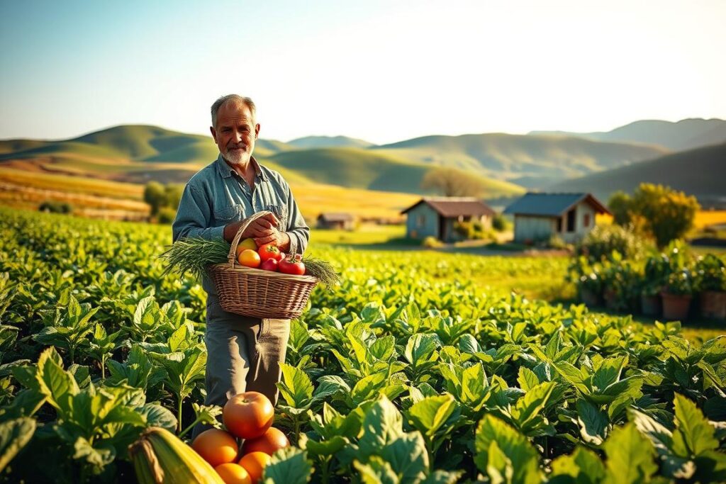 Um pequeno agricultor, vestido com roupas simples e modestas, segura com confiança uma cesta de produtos frescos em um campo verdejante. No primeiro plano, diversas frutas e verduras simbolizam uma agricultura sustentável. Ao fundo, uma pequena casa com um jardim vibrante representa a autossuficiência. Ao fundo, colinas onduladas sob um céu azul límpido sugerem esperança e resiliência. A luz suave e quente do sol banha a cena, criando uma atmosfera convidativa. A expressão do agricultor é determinada e otimista, personificando o tema da superação de crises e dívidas sem se render ao sistema. Capturar a essência da simplicidade e da engenhosidade em um cenário rural pitoresco, com foco no estilo de vida agrícola.