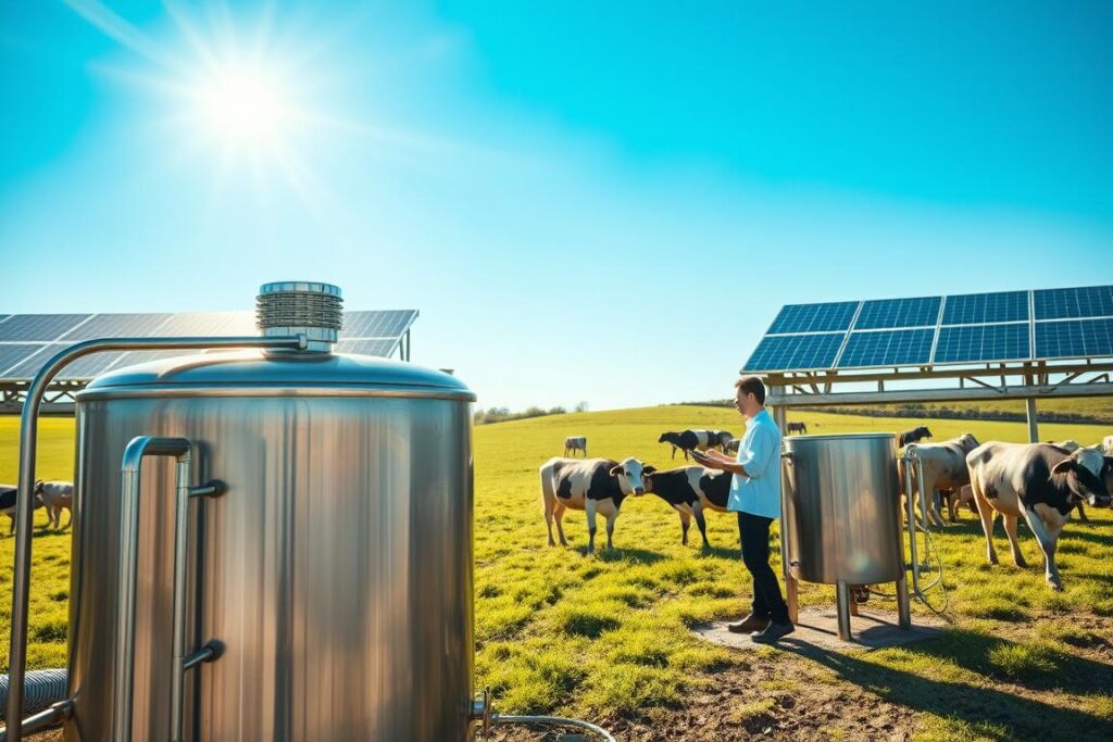 A sunlit dairy farm scene showcasing a modern solar-powered milk pasteurization setup. In the foreground, a stainless steel pasteurization unit gleams under bright sunlight, with solar panels arrayed on the nearby roof. In the middle ground, a technician in professional attire inspects the equipment, highlighting the integration of technology in dairy processing. Background elements include lush green pastures and healthy cows grazing leisurely, symbolizing a safe and sustainable farming practice. The sky is clear and blue, enhancing the uplifting atmosphere of innovation and eco-friendliness. The image captures the essence of thermal processing and pasteurization for safe milk consumption, emphasizing the role of solar energy in modern agriculture. Soft, warm lighting conveys a sense of optimism and progress.