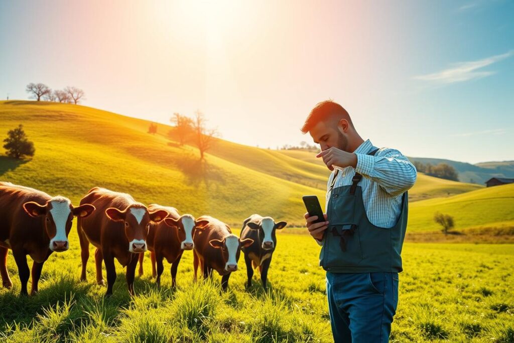 A thriving small-scale cattle farm on 5 to 10 hectares, showcasing successful management practices with lush green pastures. In the foreground, a group of livestock is grazing peacefully under a warm, golden sunlight, highlighting their healthy condition. The middle ground features a farmer in professional attire, inspecting a digital tracking device that monitors the cattle’s health and location, representing innovation in cattle traceability. In the background, rolling hills dotted with trees and a clear blue sky evoke a sense of tranquility and productive farming. The lighting is soft yet vibrant, casting natural shadows that enhance the scene's depth. The atmosphere feels optimistic and inspiring, reflecting the success of smallhold farmers implementing cutting-edge practices.