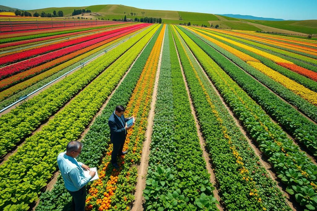 A vibrant aerial view of a meticulously organized 1-hectare agricultural land, showcasing a diverse array of crops in vibrant colors—rows of vegetables, herbs, and fruits harmoniously interspersed with flowering plants. In the foreground, a group of farmers in professional business attire, discussing their innovative farming strategy, using advanced technology like tablets and portable sensors. The middle ground features healthy crops under bright sunlight, with a variety of irrigation systems visibly in use. In the background, gently rolling hills and a clear blue sky enhance the idyllic scene. The atmosphere is one of prosperity and innovation, symbolizing a rich, sustainable farming future. The image is well-lit, sharp, and captures the essence of transforming land into a thriving economic asset. A vibrant aerial view of a meticulously organized 1-hectare agricultural land, showcasing a diverse array of crops in vibrant colors—rows of vegetables, herbs, and fruits harmoniously interspersed with flowering plants. In the foreground, a group of farmers in professional business attire, discussing their innovative farming strategy, using advanced technology like tablets and portable sensors. The middle ground features healthy crops under bright sunlight, with a variety of irrigation systems visibly in use. In the background, gently rolling hills and a clear blue sky enhance the idyllic scene. The atmosphere is one of prosperity and innovation, symbolizing a rich, sustainable farming future. The image is well-lit, sharp, and captures the essence of transforming land into a thriving economic asset.