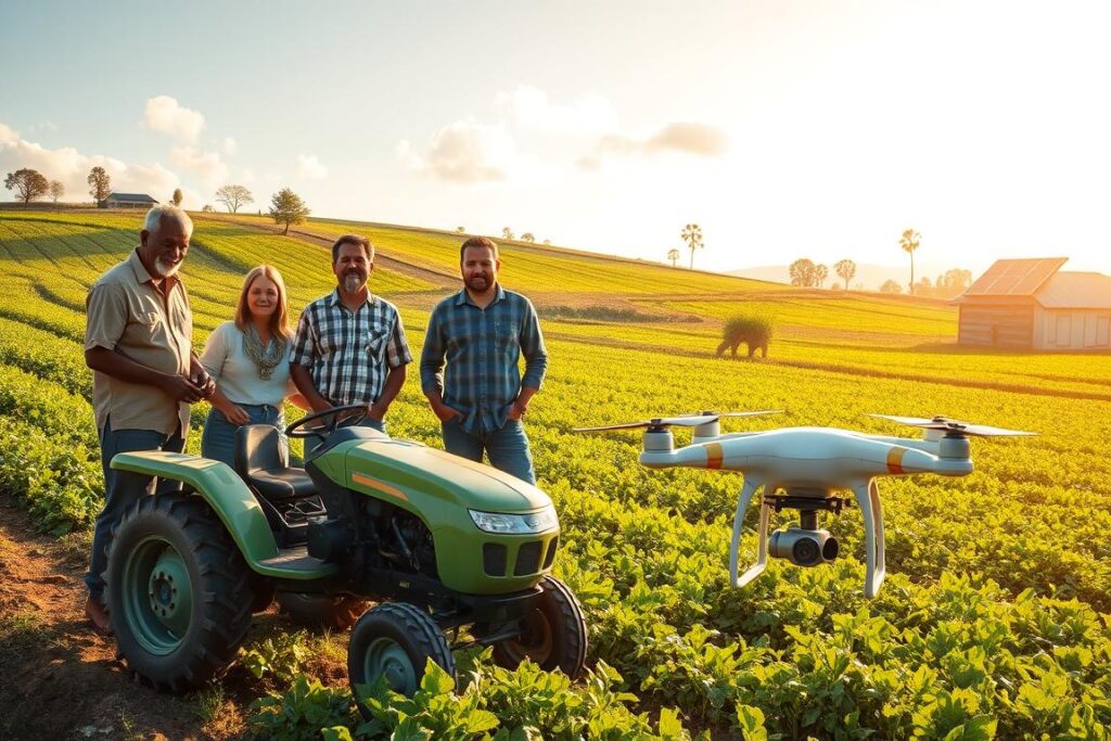 A vibrant and engaging scene of accessible agro-technology for small farmers, showcasing a picturesque rural landscape. In the foreground, a diverse group of farmers, dressed in modest casual clothing, interacts with modern farming equipment like a compact tractor and a drone for crop monitoring. The middle ground features lush green fields with various crops, demonstrating sustainability and innovation in agriculture. In the background, a small farm with a traditional barn is visible, complemented by solar panels on the roof, symbolizing eco-friendly practices. The lighting is warm and inviting, with golden sunlight filtering through a few scattered clouds, creating a hopeful and productive atmosphere. Capture this scene at a slight angle to provide a dynamic viewpoint that emphasizes collaboration and progress in agriculture.