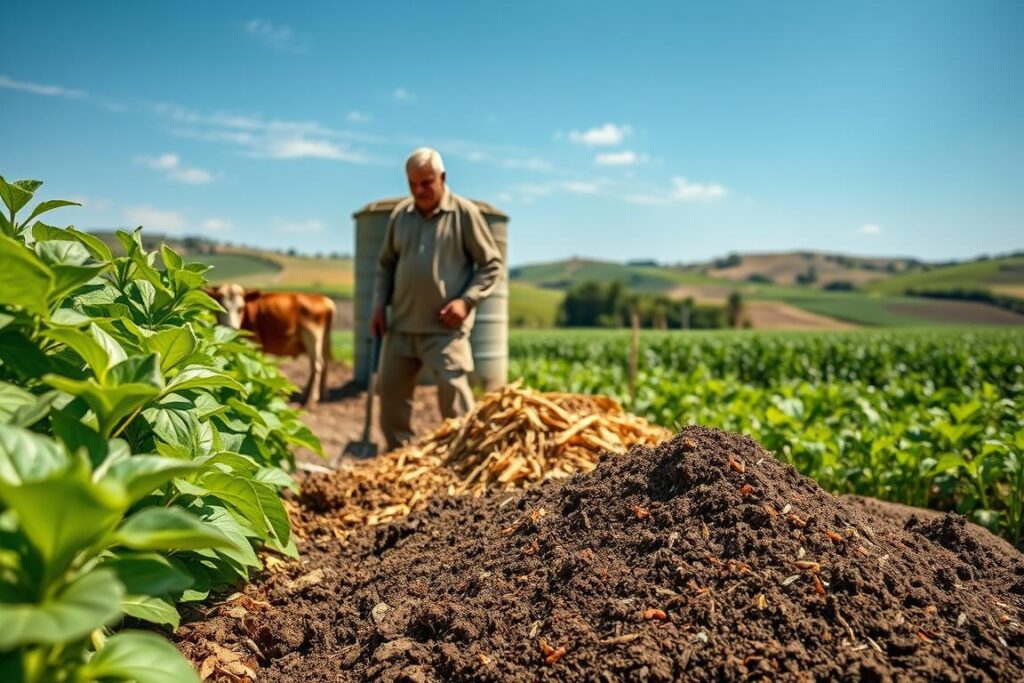 A vibrant and serene farm scene showcasing the on-farm production of bioinputs using animal manure and plant residues. In the foreground, a farmer in modest casual clothing is seen mixing compost with a shovel, surrounded by lush green plants. In the middle ground, piles of organic materials like cow dung and vegetable scraps are arranged next to an open compost bin, with small insects and earthworms visible, illustrating the natural decomposition process. The background features a clear blue sky, rolling hills, and a variety of crops that thrive without chemical fertilizers. Soft natural lighting enhances the scene, creating a warm and inviting atmosphere while emphasizing sustainability in agriculture. The angle is slightly elevated to capture the entire landscape, showcasing the integration of bioinputs in modern farming practices.