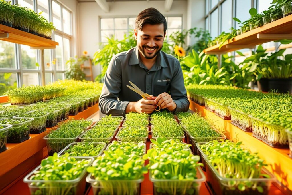 A vibrant indoor gardening setup showcasing an array of emerging microgreens and sprouts, meticulously arranged on bright wooden shelves. In the foreground, various types of microgreens—crisp radish greens, delicate pea shoots, and vibrant sunflower sprouts—are displayed in clear containers, emphasizing their freshness and nutritional value. The middle ground features a skilled individual in professional attire, gently harvesting the greens with a pair of scissors, glowing with enthusiasm. The background captures a well-lit, sun-soaked space with large windows and green, leafy plants, creating an inviting atmosphere. Warm, natural lighting highlights the textures and colors of the plants while a soft focus on the background enhances depth. The overall mood is energetic and inspiring, reflecting the high demand and swift growth potential of these edible plants.