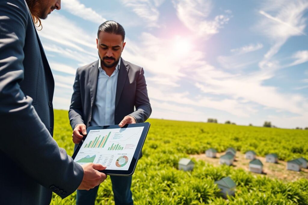 A vibrant scene depicting the concept of asset tokenization for crowdfunding small agricultural properties. In the foreground, a diverse group of two business professionals in smart casual attire is discussing plans around a digital tablet displaying graphs and charts related to real asset tokenization. In the middle ground, a lush green field with small plots of land symbolizing small properties is visible, each with clear identifiers showing they are part of a crowdfunding project. The background features a bright blue sky with wispy clouds, emphasizing a hopeful future. The lighting is bright and inviting, implying a sense of opportunity. Use a slight aerial perspective to capture both the people and the landscape harmoniously, conveying a professional yet optimistic atmosphere.