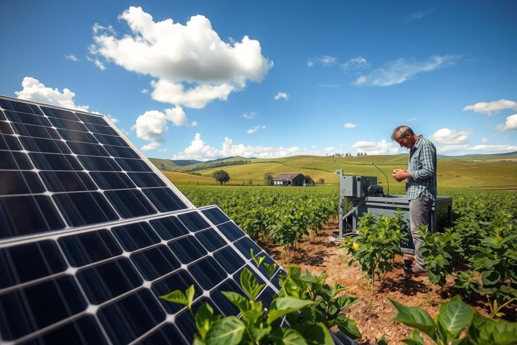 A vibrant scene showcasing an off-grid solar setup for high-value crop processing on a small farm. In the foreground, a modest but well-maintained solar panel array reflects sunlight, surrounded by lush green plants ready for harvest. The middle ground features a farmer, dressed in modest casual clothing, efficiently operating a small processing unit for premium fruits or herbs, focusing intently on his work. In the background, rolling hills and a blue sky with soft clouds create a serene, sustainable atmosphere. The lighting is bright and natural, capturing the warmth of a sunny day, while the camera angle is slightly elevated, offering a panoramic view of the productive landscape. The mood is hopeful and industrious, reflecting innovation in sustainable agriculture.