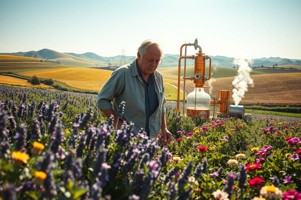 A visually striking scene depicting the production of essential oils and extracts, transforming vast hectares of lush, green fields into glistening gold. In the foreground, a knowledgeable, middle-aged farmer in modest casual clothing carefully tends to aromatic plants like lavender and peppermint, surrounded by vibrant flowers. In the middle ground, an elaborate distillation setup with steam rising, highlighting the process of extracting essential oils. In the background, rolling hills stretch under a bright blue sky, symbolizing agricultural abundance. The atmosphere is filled with sunlight, casting warm, inviting tones and creating a sense of prosperity and hope for small producers. The composition is captured from a slightly elevated angle to emphasize the transformation process while maintaining a sense of connection to the land.
