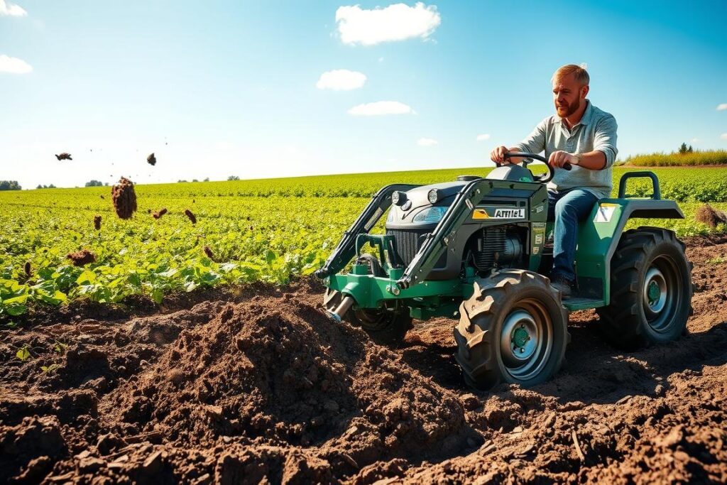 A vivid scene illustrating the use of a diesel microtractor and motocultivator preparing garden beds quickly and efficiently. In the foreground, a rugged, modern diesel motocultivator is in action, with its rotating blades cutting through rich, dark soil, sending small clumps of earth flying. In the middle ground, a farmer in modest casual clothing operates the machine with a focused expression, showcasing the ease of use. The background features lush green fields under a bright blue sky with minimal clouds, emphasizing a productive agricultural environment. The lighting is warm and natural, enhancing the earthy tones of the soil and vibrant colors of the crops. Capture this dynamic moment with a slightly tilted perspective to emphasize the motion and effectiveness of the machinery. A vivid scene illustrating the use of a diesel microtractor and motocultivator preparing garden beds quickly and efficiently. In the foreground, a rugged, modern diesel motocultivator is in action, with its rotating blades cutting through rich, dark soil, sending small clumps of earth flying. In the middle ground, a farmer in modest casual clothing operates the machine with a focused expression, showcasing the ease of use. The background features lush green fields under a bright blue sky with minimal clouds, emphasizing a productive agricultural environment. The lighting is warm and natural, enhancing the earthy tones of the soil and vibrant colors of the crops. Capture this dynamic moment with a slightly tilted perspective to emphasize the motion and effectiveness of the machinery.