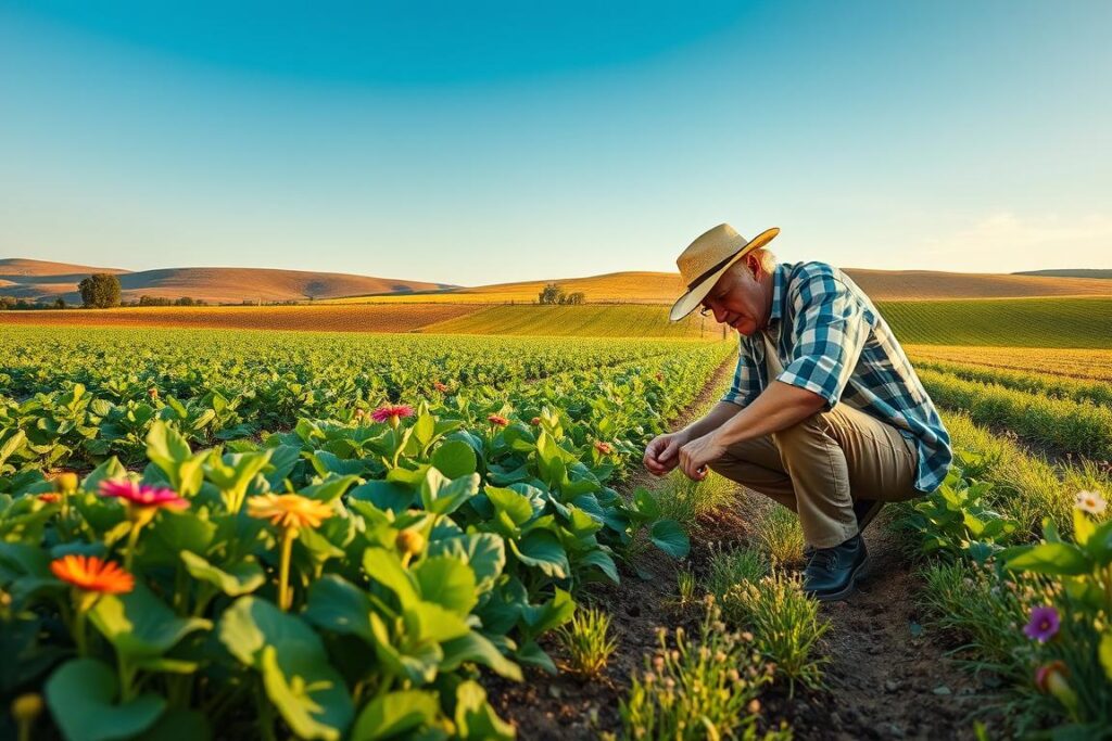 In a vibrant agricultural landscape, depict a lush field of traditional crops, showcasing various varieties of heirloom seeds in different stages of growth. In the foreground, feature a farmer in modest casual clothing, kneeling down to inspect a plant, emphasizing connection with the earth. The middle ground should display rows of thriving crops, interspersed with wildflowers, offering a rich and diverse ecosystem. In the background, gently rolling hills under a clear blue sky with soft, golden sunlight flooding the scene, creating a warm and inviting atmosphere. Focus on enhancing the vivid colors of the plants, with sharp, detailed textures, while capturing the harmonious relationship between traditional farming techniques and sustainability. Use a wide-angle lens to encompass the broad landscape, highlighting the thriving environment.